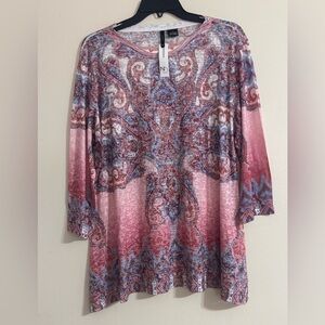 New Directions Pink and Blue Paisley Blouse Pull on NWT